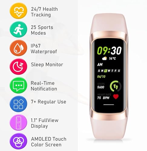 LBOYLOVE® Fitness Tracker, Step Tracker Smart Band, 1.1" AMOLED Touch Color Screen, Waterproof Fitness Wristband with Blood Oxygen/Heart Rate Monitor/Step Counter/Alarm/Timer/Calories/Sleep Monitor
