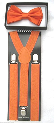 Unisex Fashion Adults Teens Teenagers Solid Orange Adjustable All Polyester Silk Bow Tie and Matching Adult Teens Teenagers Solid Orange Glitter Adjustable Suspenders Combo-new in Factory Pkg!