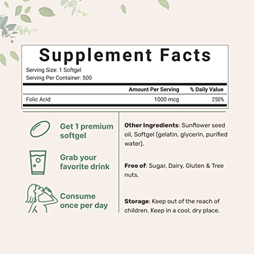 Micro Ingredients Folic Acid 1000 mcg 500 Softgels (1mg), Essential