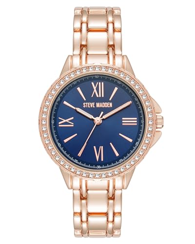 Steve Madden Reloj para Mujeres con Brazalete Acentuado de Cristal, Azul Marino/Oro Rosa