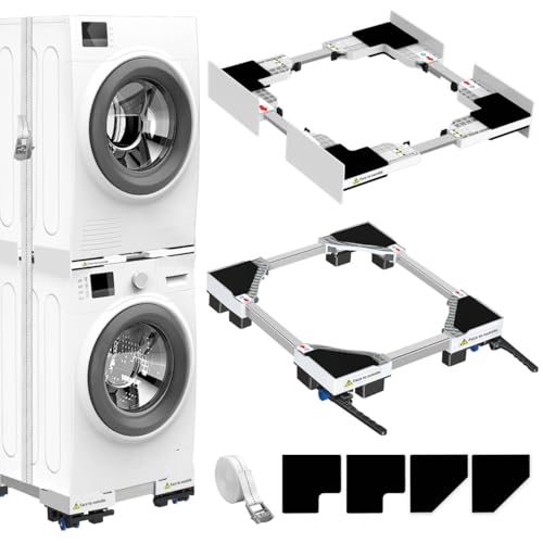 NIUXX Universal Connecting Frame and Base for Dryer and Washing Machine, Adjustable in Size with Ratchet Cable and Transport Wheels with Brake for Washing Machines and Dryers, Space Saving