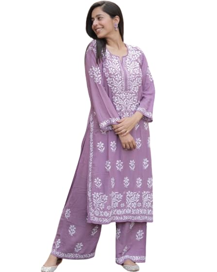 Photo 1 of zomiconice Women's Kurta Set Embroidered Chikankari Kurta with pant ethnic Indian wear- Lucknow Chikankari, traditional chikankari (US, Alpha, X-Large, Regular, Regular, Lavender)