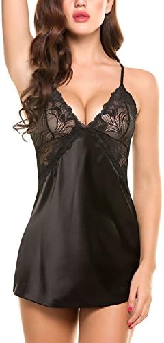 Adornlove Lingerie Womens Satin Sleepwear V Neck Nightwear Mini Teddy Lace Chemise Slip S-XXL