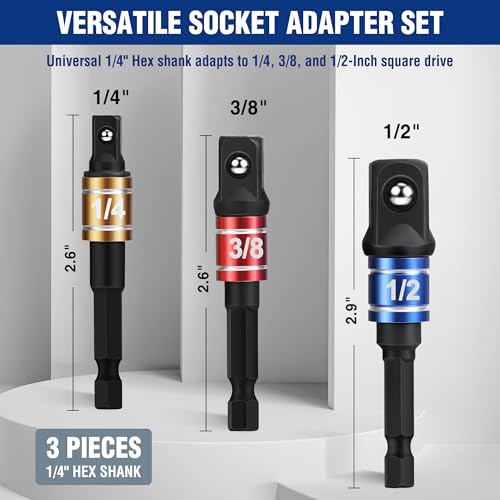 WORKPRO Socket Adapter Set 3 Pieces, Socket Adapter for Drill with 1/4 Inch Hex Shank, 1/4 Inch, 3/8 Inch and 1/2 Inch Converter, Impact Wrench Adapter and Screwdriver