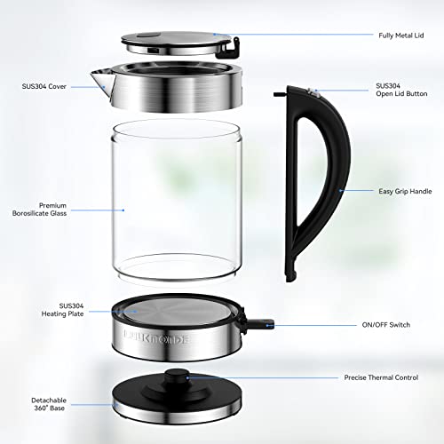 LUUKMONDE 1500W Electric Kettle ,1.7L Borosilicate Glass Tea Kettle with LED Light, Water Kettle Electric Fast Boiling, Auto Shut-Off and Boil-Dry Protection, BPA Free