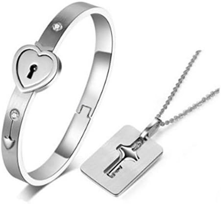 Gevanya Men's Women's Heart Lock Bangle Bracelet Key Love Lock Pendant Necklace Crystal Stainless Steel