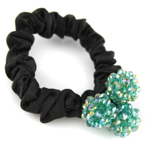 Elegant Shimmery Bead Silky Satin Hair Elastic - Scrunchie Pom Hair Tie - Teal Blue & Black