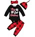 Newborn Baby Boys Girls My First Christmas Bodysuit and Plaid Pants Leggings Headband Hat 4pcs Christmas Outfits Set (Black 1, 70 (0-6 Months))
