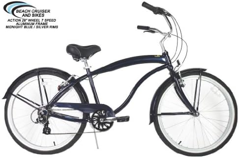 Amazon Com Action Midnight Blue With Silver 26 Wheels 7 Speed Shimano Altus Aluminum Frame Beach Cruiser Bike Sports Outdoors