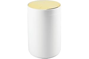 mDesign Small Round Plastic Trash Can Wastebasket, Garbage Container Bin with Swing Top Lid - for Bathrooms, Kitchens, Home Offices - 1.3 Gallon/5 Liter - White/Gold