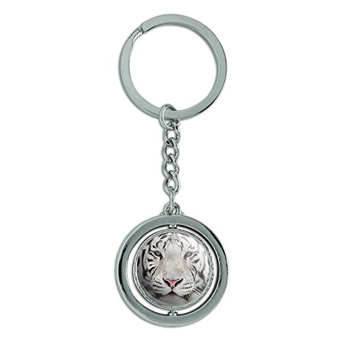 White Bengal Tiger with Blue Eyes Spinning Round Metal Key Chain Keychain Ring