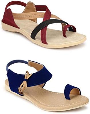 GrienYrus Women's VBlueStripChry3 Flat Sandal Combo (Pack of 2)