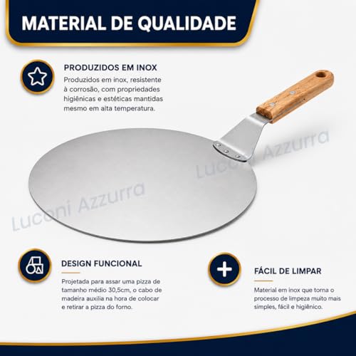 Pá de Pizza Redonda em Aço Inoxidável, 31cm, com Cabo de Madeira, para Pizza, Pães e Massas