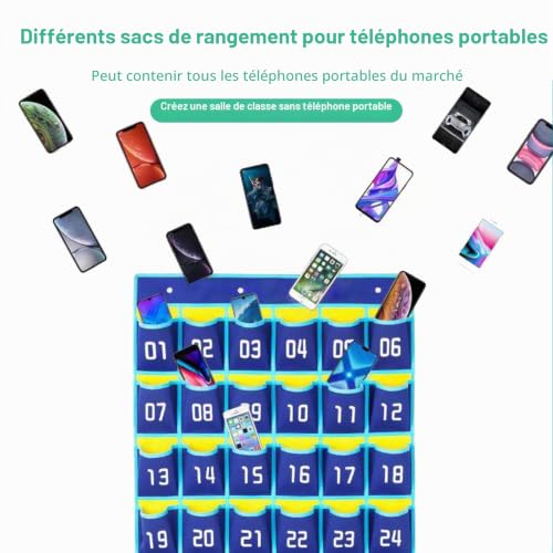 Classroom Numbered Pouch, 30 Hanging Storage Bag for Mobile Phone Calculators Pocket Board with 4 Hooks, Over the Door Phone Organizer (Light Blue)
