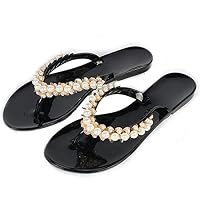 DeerYou Women Flip Flops Summer Beach Jelly Thong Sandals Slip-On Pearl Flat Slipper Shoes Black US 9