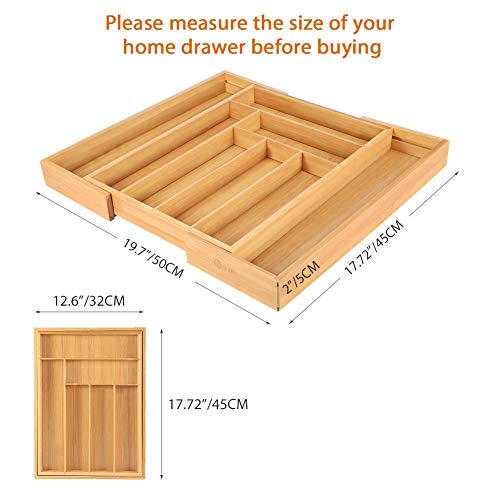 Bamboo Expandable Cutlery Drawer Organizer - Kitchen Utensil 8 Compartment Storage Wooden Flatware Holder, Cutlery Tray Adjustable Kitchen Drawer