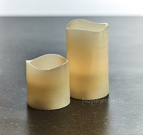 Hayley Cherie - Textured Real Wax Flameless Candles with Timer (Set of 4) - LED Candles 3, 4, 5, 6 inches Tall - Flickering Amber Flame - Battery Operated Pillar Candles - Large Unscented