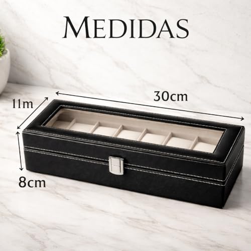 Estojo Porta Relógios Premium para 6 Unidades com Visor Transparente, Interior em Veludo e Compartimentos Individuais