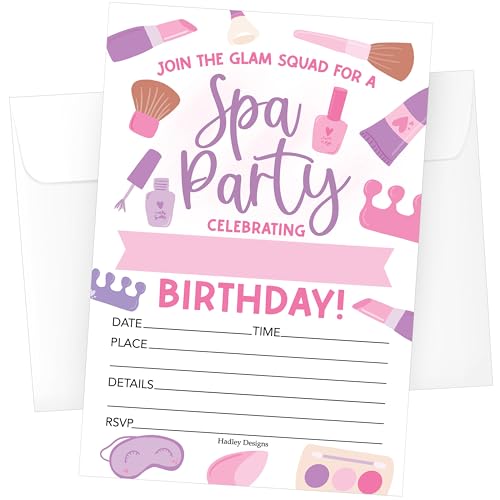 Hadley Designs Kids Birthday Invitations Girl Spa Day - 30 Spa Birthday Party Invitations For Girls with Envelopes, Glam Invites For Girls, Pink Party Supplies, Designed in USA