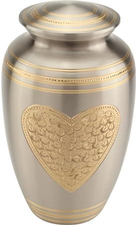 Silverlight Urns Embossed Heart Cremation Urn for Ashes, Funeral Urn with Heart Engraved Design, Adult Sized, 10 Inches Tall, Brass Cremation Urn