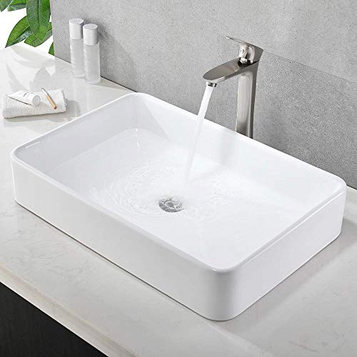 Bokaiya 24" Bathroom Vessel Sink and Faucet Combo Bathroom Rectangular White Ceramic Porcelain Counter Top Vanity Bowl Sink & Brushed Nickel Faucet and Pop-up Drain Combo - Thumbnail 4