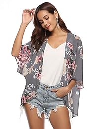 BB&KK - Chaqueta de gasa para mujer, diseño floral, estilo kimono, media manga, estilo casual, cubierta frontal abierta hasta S-5XL