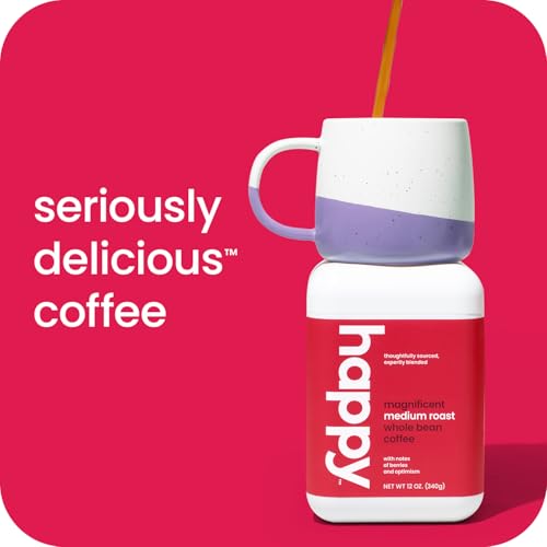 HAPPY COFFEE DAILY MAGIC MEDIUM ROAST WHOLE BEAN COFFEE, 12 OZ., NOTES OF BERRIES & ALCHEMY, RESPONSIBLY GROWN & HARVESTED IN SOUTH AMERICA.
