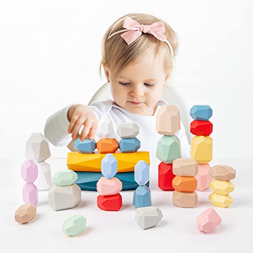 TODDLE UP Montessori Wooden Stacking Rocks for Toddlers 13 36Pc Stacking Stones, Wooden