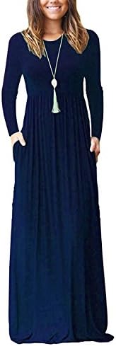 DICOOL Women Long Sleeve Maxi Dresses Casual Loose Pocket Party Long Dress (Navy Blue, Small)