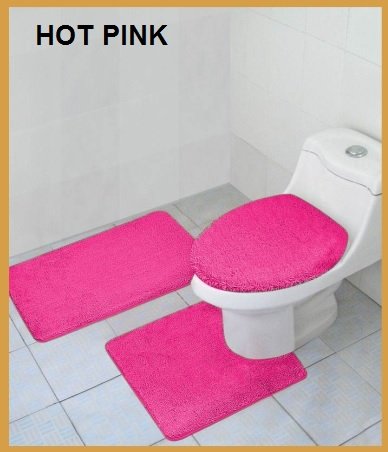 3 Piece Luxury Acrylic Bath Rugs Set Large 18"x"30 Contour Mat 18"x18" and Lid. (Hot Pink)