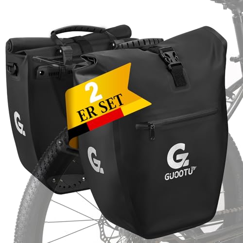 GUOOTU 2 Er Set Fahrradtasche für Gepäckträger 64L,aus Tarpaulin Hinten Gepäckträgertasche mit Reflektoren, mit Tragegriff und Schultergurt (Schwarz 3