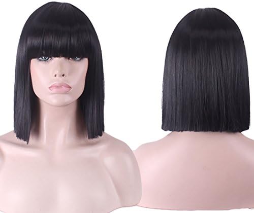 VELVEL 14" Black Bob Wig with Bangs Short Straight Synthetic Cosplay Daily Party Wig for Women with Free Wig Cap