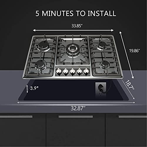 34 inch Gas Cooktop 5 Burner Built In Gas Cooktop, Black Titanium