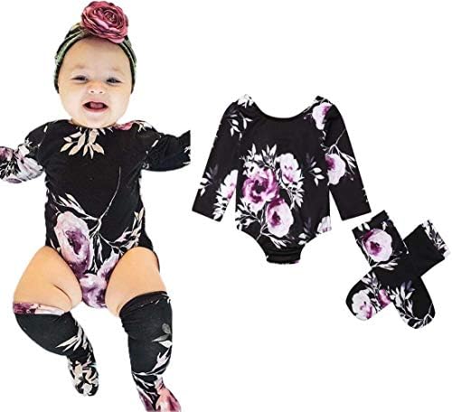 0-2T Baby Boy Girl Romper Floral Long Sleeve Romper Bodysuit Jumpsuit Purple Flower Romper with Leg Warmer Stockings (12-18M, Purple)