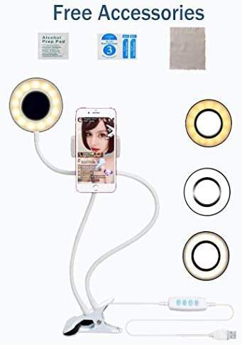 Cell Phone Holder with Selfie Ring Light Stand for Live Stream Makeup, Omaliss Flexible Mobile Phone Clip Desk/Bedside Lamp for iPhone/Samsung/LG and Common Smart Phone (White)