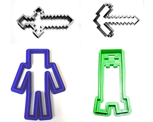 BLOCK ADVENTURE VIDEO GAME PERSON PICKAXE SWORD MONSTERSCOPE SET OF 4 SPECIAL OCCASION COOKIE CUTTERS BAKING TOOL 3D PRINTED MADE IN USA PR1025