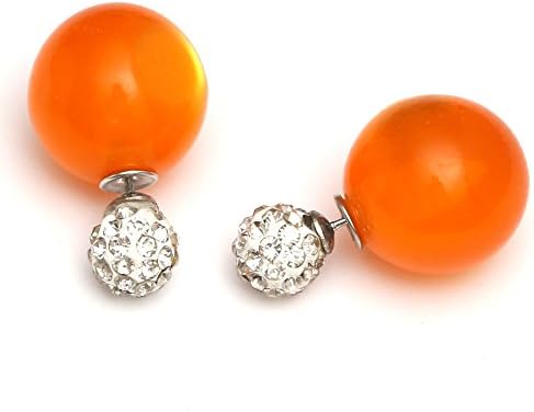 Idin Double-Sided Earrings - Double sided orange acrylic imitated cat eye ball with polymer clay crystal rhinestone bead ear studs (approx. 0.3" and 0.6")