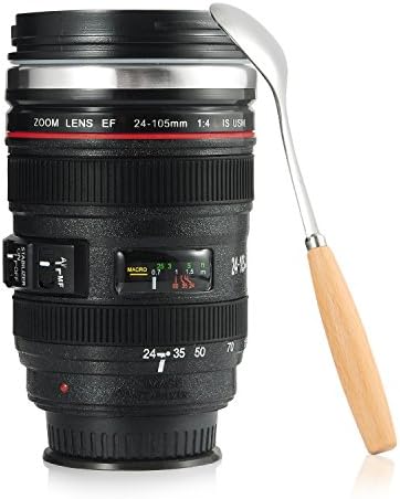 Travel Coffee Mug with Spoon, Camera Lens Mugs Coffee Cups with Lid Stainless Steel Tumbler Cup Leak-proof Wide Mouth for Coffee Milk Tea Water - Ideal Gift Canon EF24-105mm f/4L IS USM lens