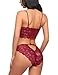 ADOME Women's Lace Lingerie Bra and Panty Set Strappy Babydoll Bodysuit S-XXL (Large, Dark Red 7221)