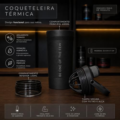 Coqueteleira Térmica ELLYM NUTRITION 600ml Com Compartimento Whey Inox Academia Profissional Shaker (Preto)