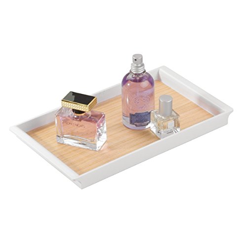 mDesign Vanity Tray, Storage for Jewelry, Guest Towels, Lotion, Makeup, Accessories - White/Light Wood Finish