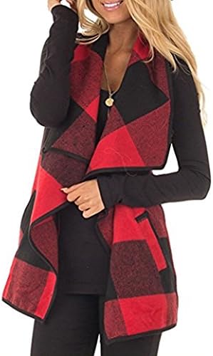 SocoToo Women's Color Block Lapel Open Front Sleeveless Plaid Vest Cardigan with Pockets