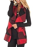SocoToo Women's Color Block Lapel Open Front Sleeveless Plaid Vest Cardigan with Pockets (Red, X-Large)