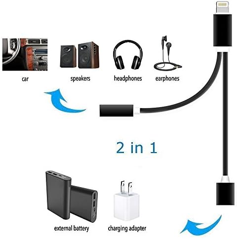 Lightning to 3.5mm Aux Headphone Jack Audio,iphone 7 / 7 Plus / 8 / 8 Plus / X adapter,Adapter for iphone X/ 8/ 8 plus/ 7 plus,2 in 1 Lightning Adapter and Charger- Black