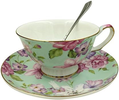 Jsaron Vintage Green Flower Tea Coffee Cup with Spoon and Saucer Set Coffee Mug