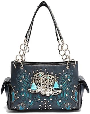 LColette Western Cowgirl Shoes Double Pocket Satchel With Long Handles BXO8469 Handbag (Dark Turquoise)
