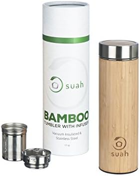 Suah Creations Bamboo Coffee Tea Travel Mug with Infuser &amp; Strainer 100% Natural Bamboo Eco-friendly 17 ounce Double Vacuum Insulation Stainless Steel BPA-Free Leak Proof Premium Packaging Box