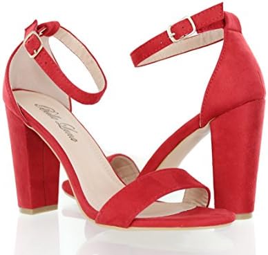 Urban Heel Women's Chunky Heel Sandals Adjustable Ankle Strap - Premier Dream Comfort Open Toe Chunk Heel Pair - Strappy Formal, Wedding, Party Shoes,Red Suede,7.5 B(M) US