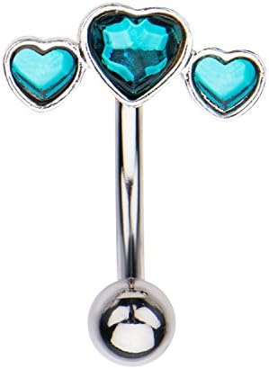 14g 7/16" 316L Surgical Steel Triple Gem Heart Top Inverted Navel Belly Button Ring Body Jewelry Piercing