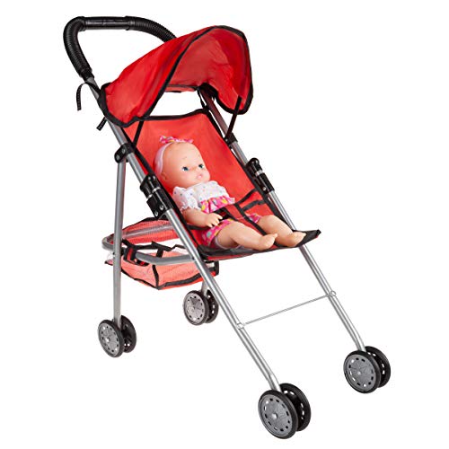 Hey! Play! Toy Stroller for 10” Baby Dolls- Foldable, Lightweight Umbrella  Stroller with Rear Basket Canopy